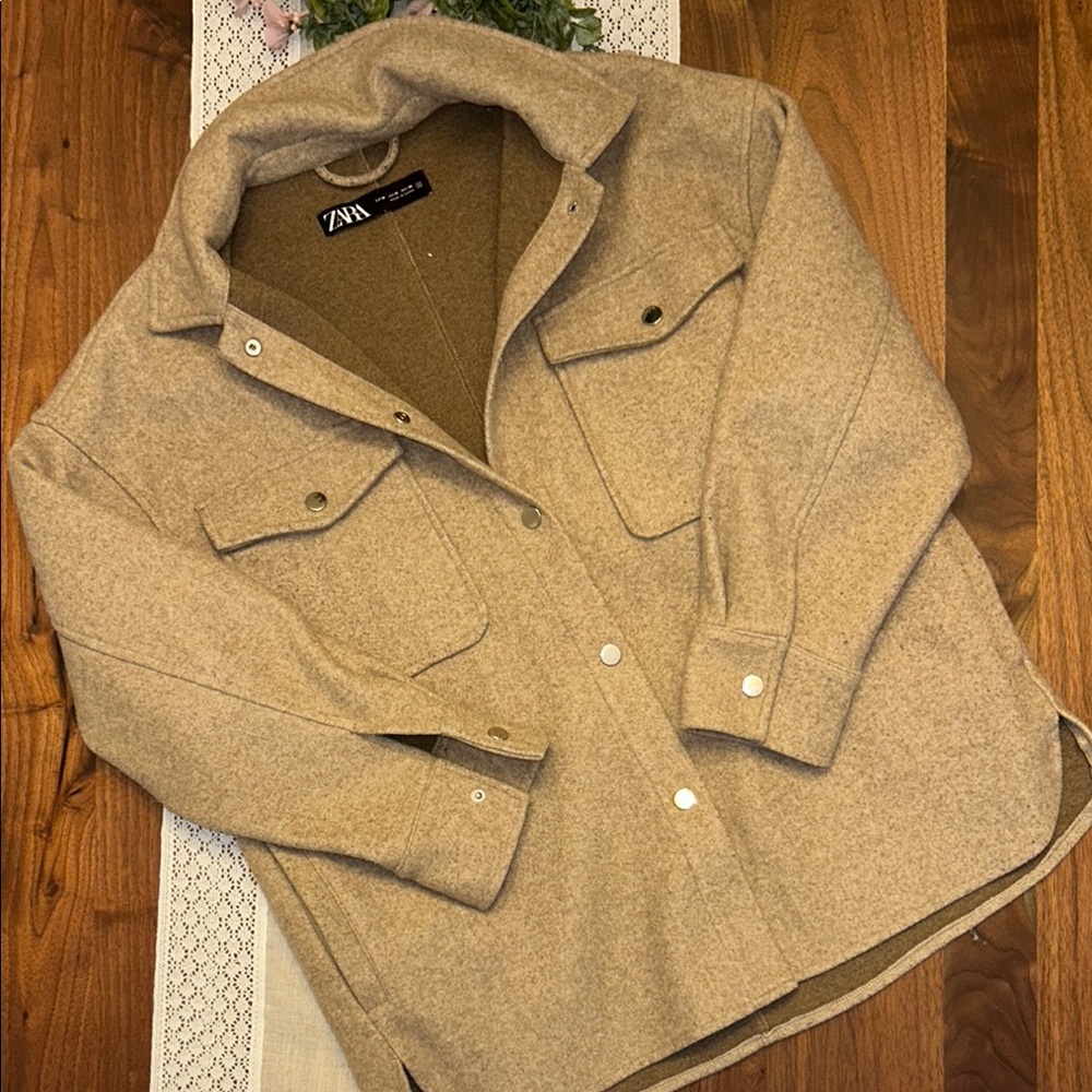 Beige Utility Jacket with Collared Neckline and Textured Wool-Blend